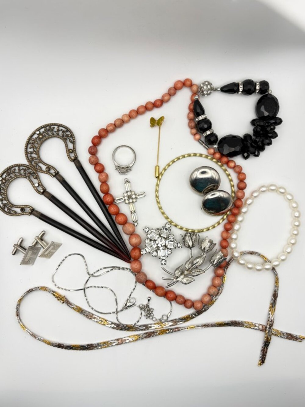 Vintage Estate Jewelry Lot 15+ Pc Beaded Necklaces Brooches Cufflinks Ring Pins